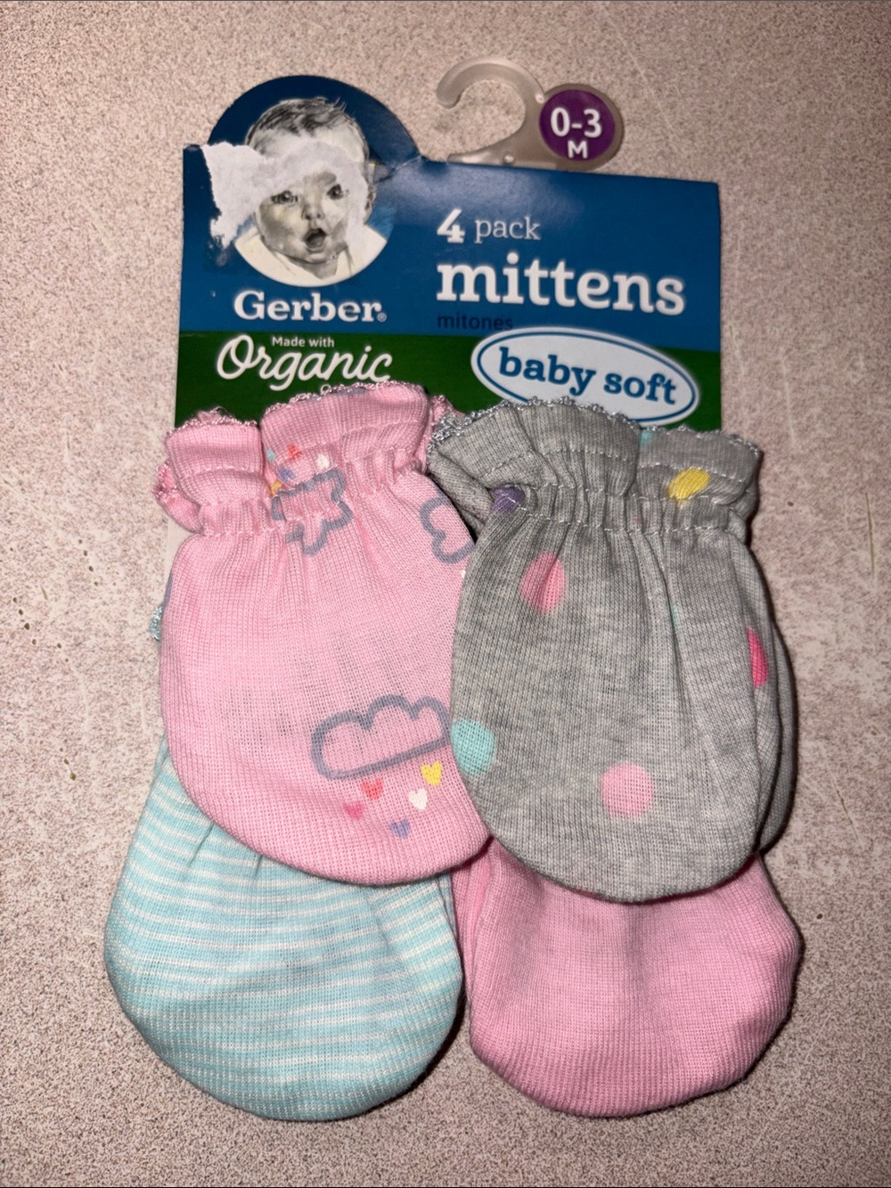 Gerber Pink, Gray, Light Blue & Mint Baby Mittens 4-Pack